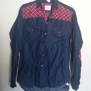 Montaliani Mens Long Sleeve Button Up Blue with Red Plaid Detail Size (15 3/4)40